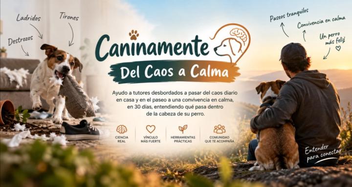 Banner de CaninaMente Del Caos a la Calma: un perro con un juguete, recursos para tutores y una persona descansando con su perro al aire libre